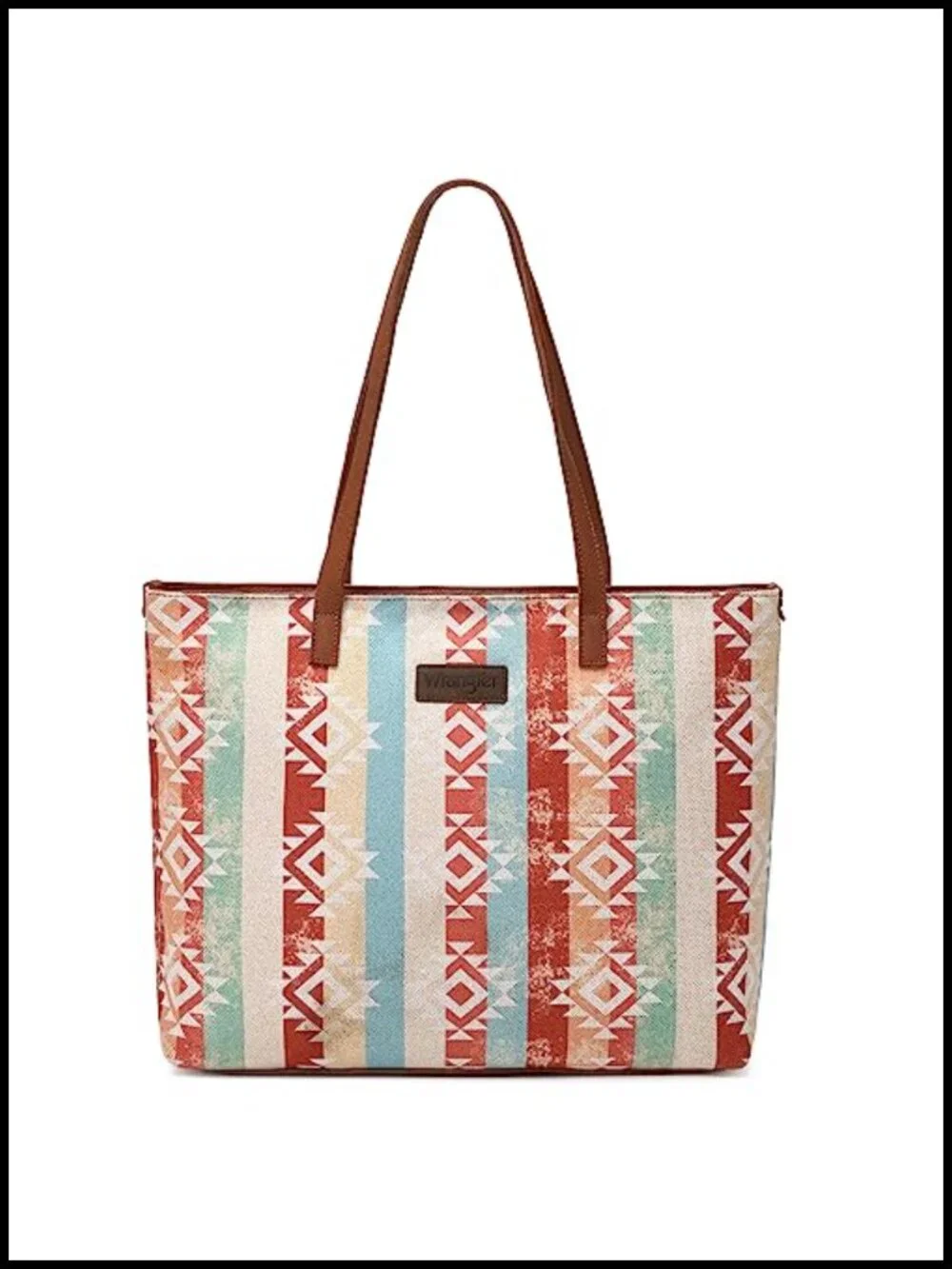 Aztec Print Canvas Tote Bag with Genuine Leather Handles
